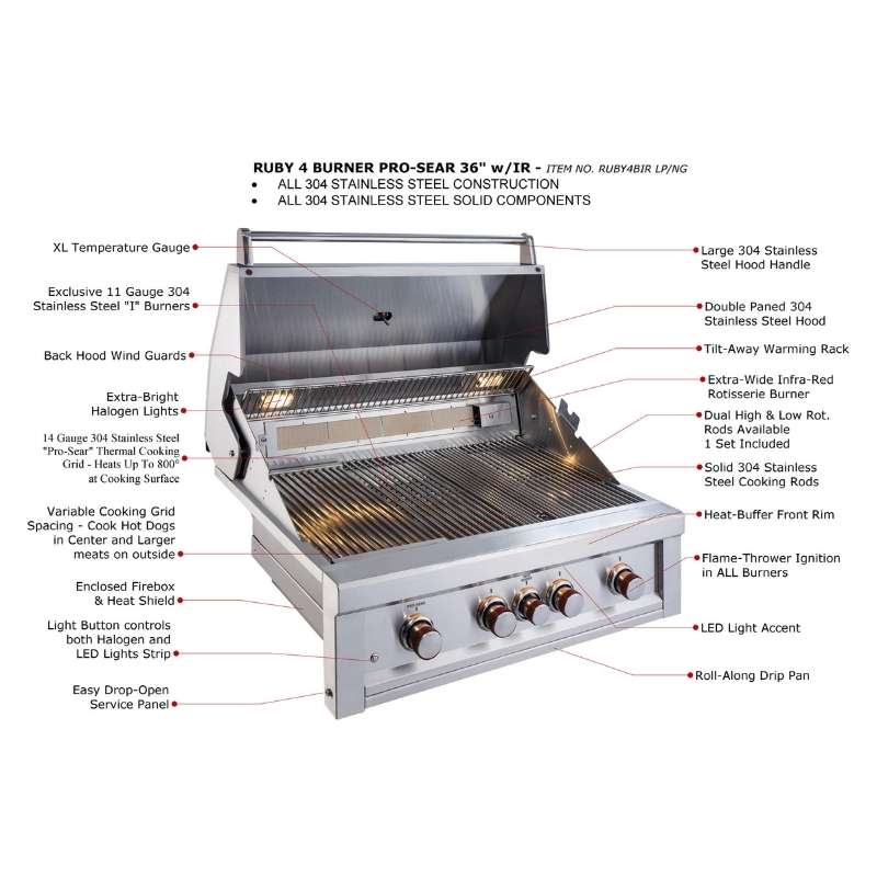 Sunstone Ruby Series 4 Burner Built-in Gas Grill with Infrared